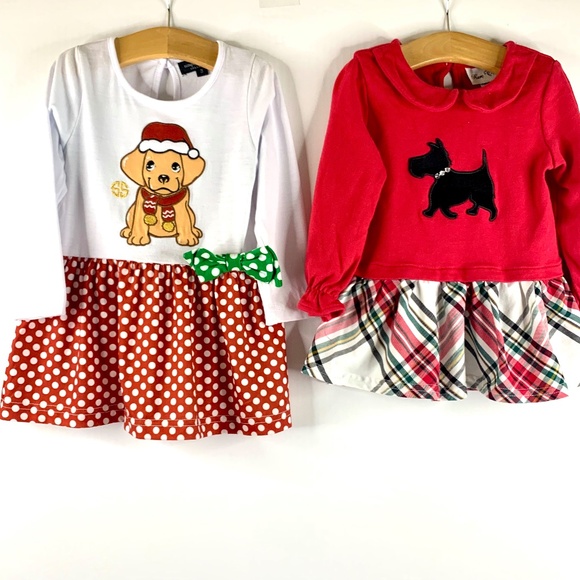 Christmas party festive doggy red white green gingham bow ruffled shirt dresses - Picture 1 of 12